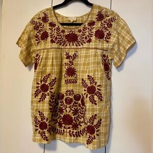 Embroidered Plaid Blouse - Red and Yellow